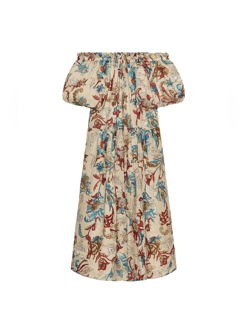 Zara Cream Off-Shoulder Floral Midi Dress with Blue and Red Print